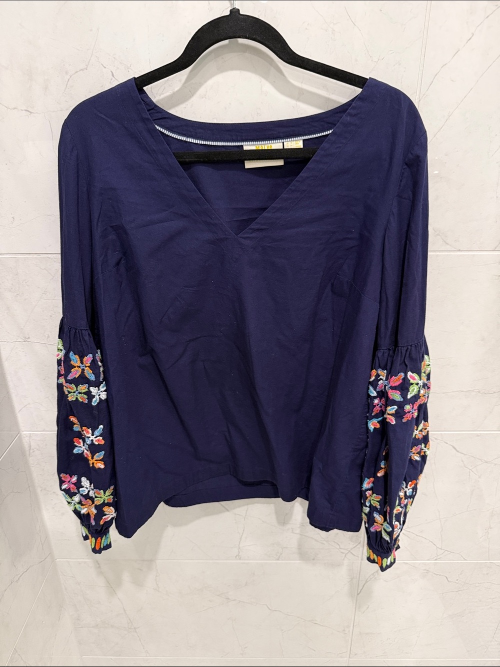 Navy Embroidered Balloon-Sleeve V-Neck Blouse